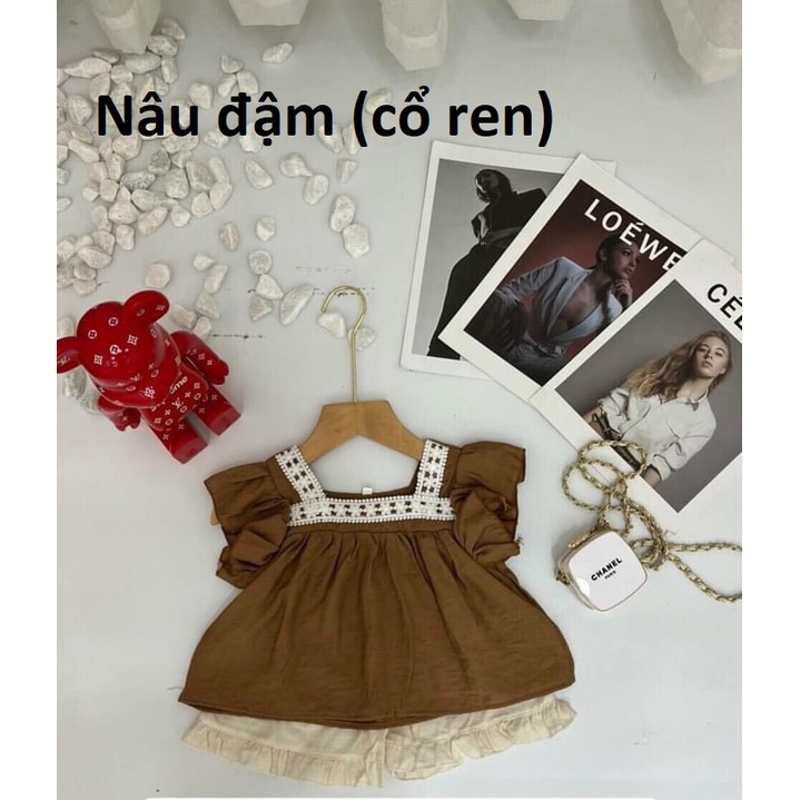 Bộ bé gái chất đũi cổ ren vuông trắng tay cánh tiên XHN921