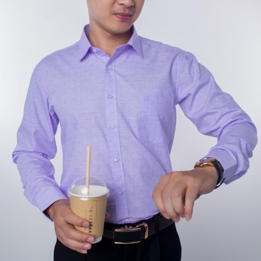 Áo Sơ Mi Nam Anton Công Sở Trung Niên Dài Tay Vải Cotton Họa Tiết In Chìm Màu Tím kiểu dáng việt tiến - 8563