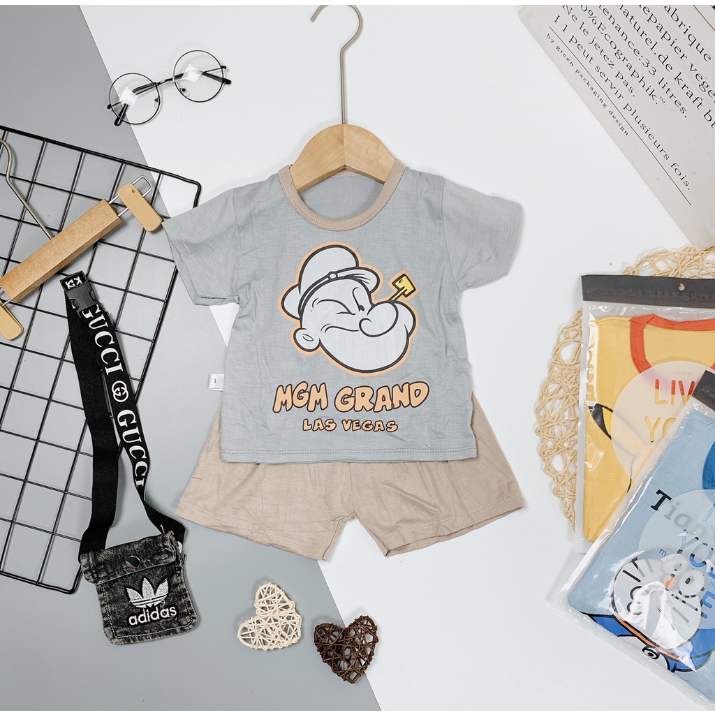 Bộ cộc tay vải thun lạnh in hình ngộ nghĩnh cho bé 6-16kg, hàng đẹp mềm mát - BO10