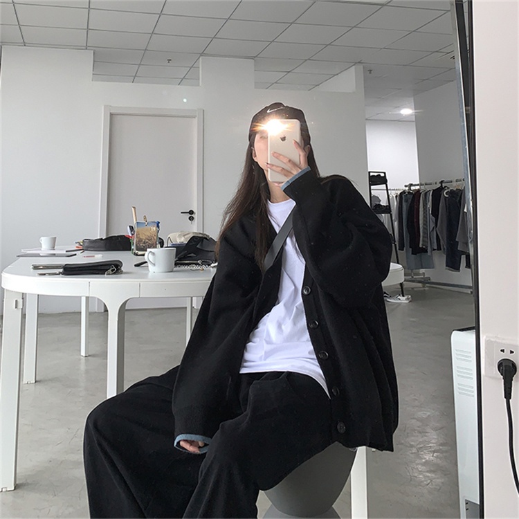 Áo Cardigan Dệt Kim Tay Dài Dáng Rộng Màu Đen Phong Cách Retro Hàn Quốc Cho Nữ | BigBuy360 - bigbuy360.vn