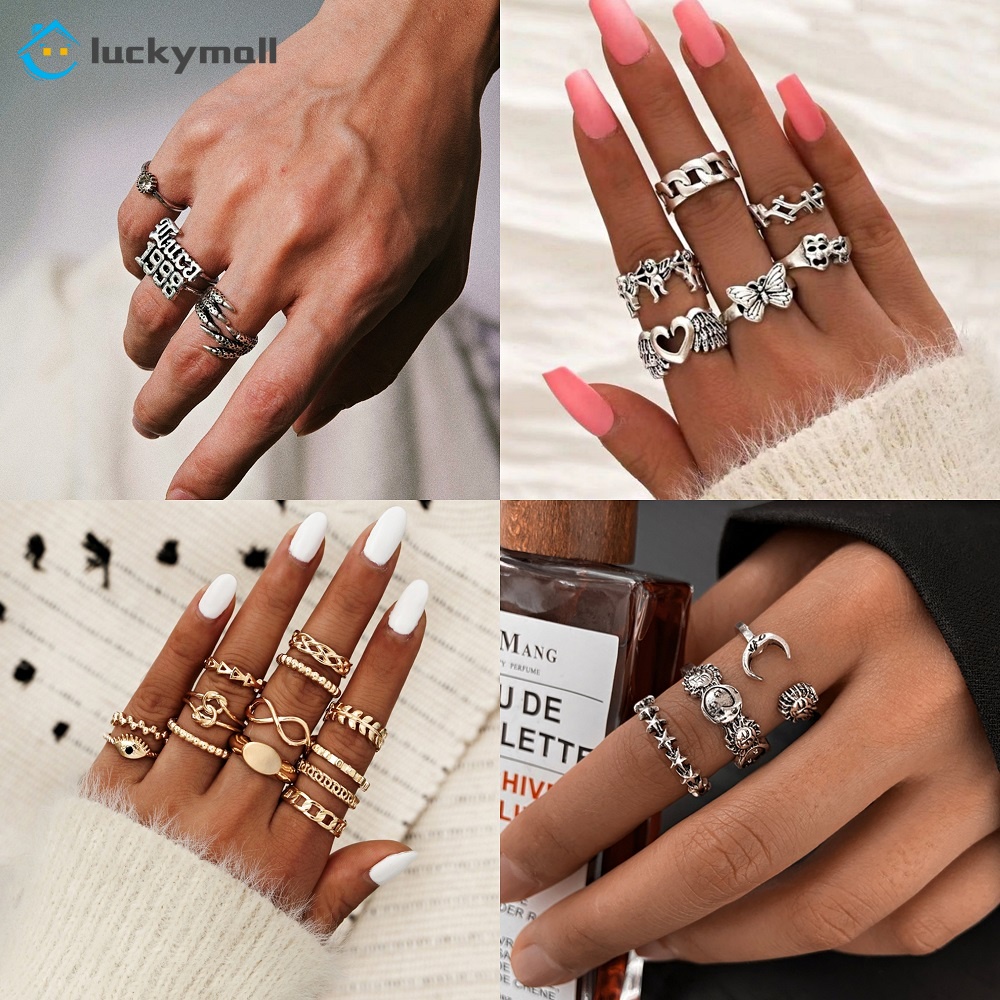 Retro Butterfly Heart-shaped Rings Fashion Bohemian Star Moon Ring Set Luxury Geometry Jewelry Set Accessories