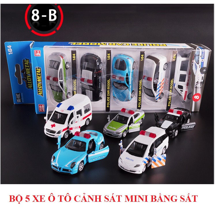 Xe ô tô cảnh sát mini bộ 5 chiếc bằng sắt tỉ lệ 1:64 xe chạy bằng cót