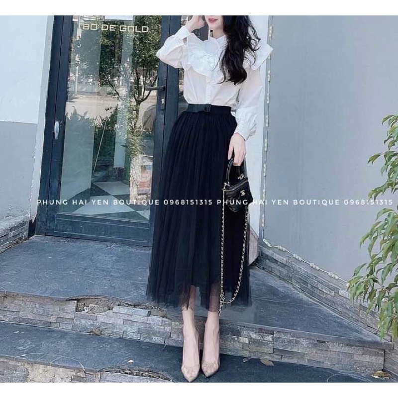 Áo sơ mi nữ cổ sen nhỏ chạy viền phong cách tiểu thư