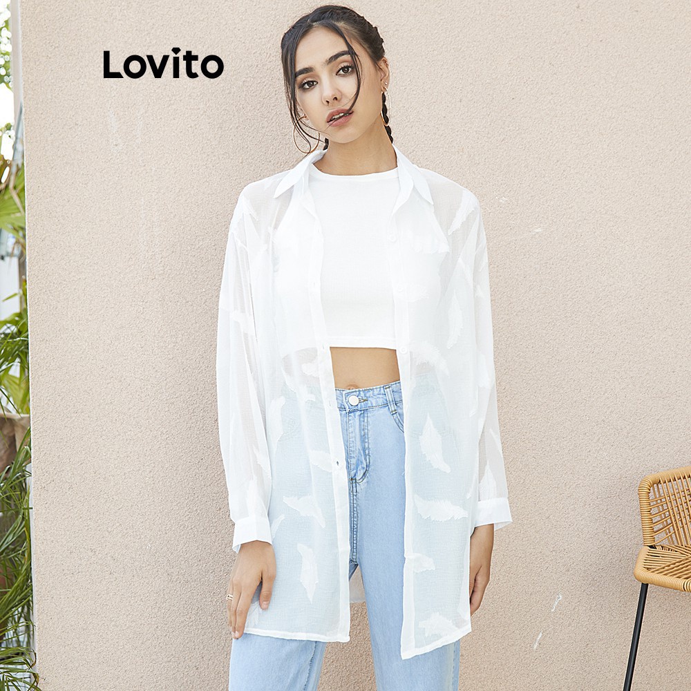 Áo sơ mi Lovito vải voan chống nắng màu trơn L02135 (Màu trắng) | BigBuy360 - bigbuy360.vn
