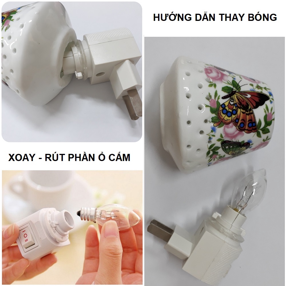 Combo Đèn tinh dầu+ 1 Tinh dầu xông hương kiêm Đèn ngủ Cắm tường dùng điện mã 25003