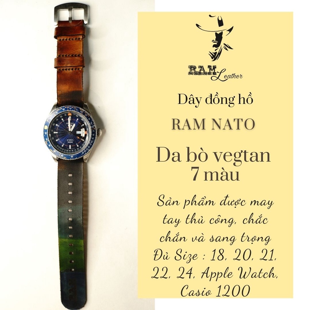 Dây đồng hồ RAM Leather vintage da bò Italia Vegtan kiểu nato quân đội