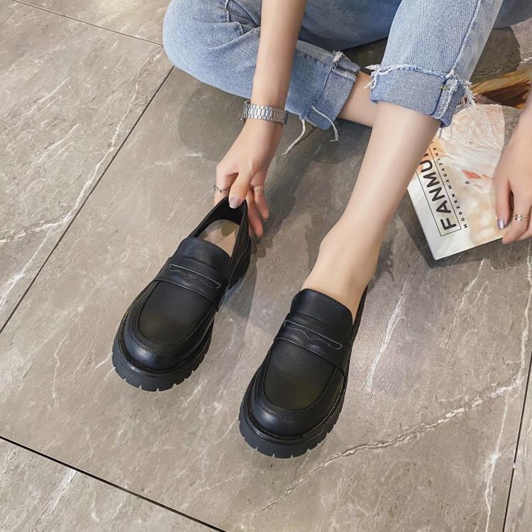 Giày Oxford nữ đen phong cách Hàn Quốc, giày da nữ mũi tròn, không dây buộc tiện lợi | BigBuy360 - bigbuy360.vn