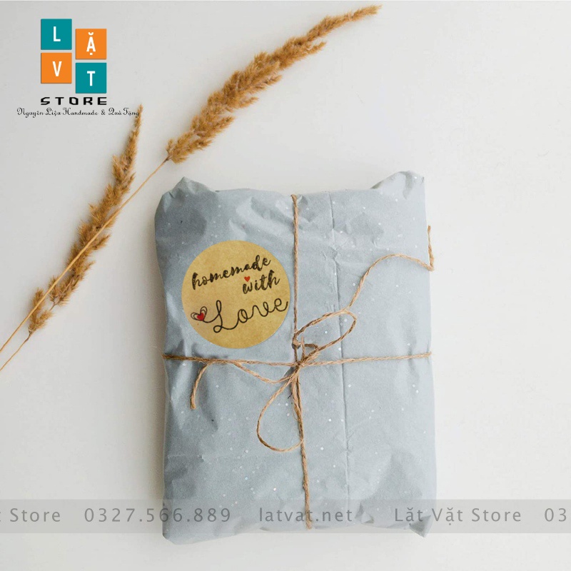 Tem tròn decal Homemade with Love, gián sản phẩm cảm ơn tri ân khách hàng, trang trí đồ vật sản phẩm, shop online