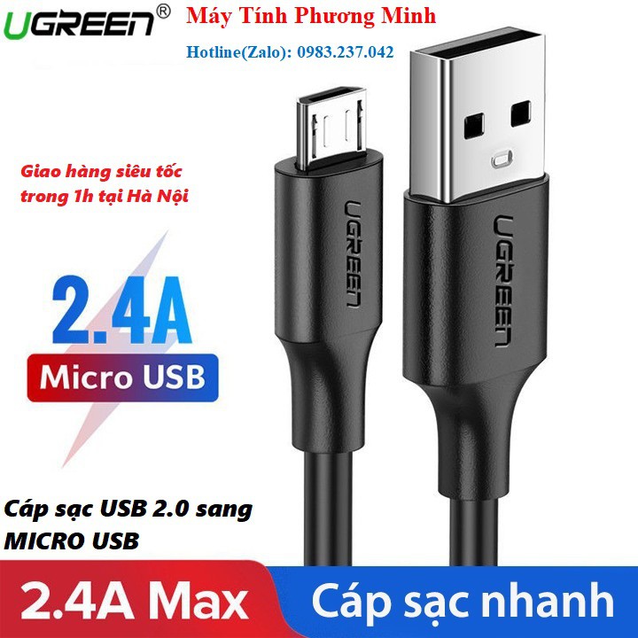 Cáp sạc USB 2.0 sang MICRO USB hỗ trợ sạc nhanh cao cấp Ugreen 60135 dài 0.5M màu Đen- Hàng chính hãng