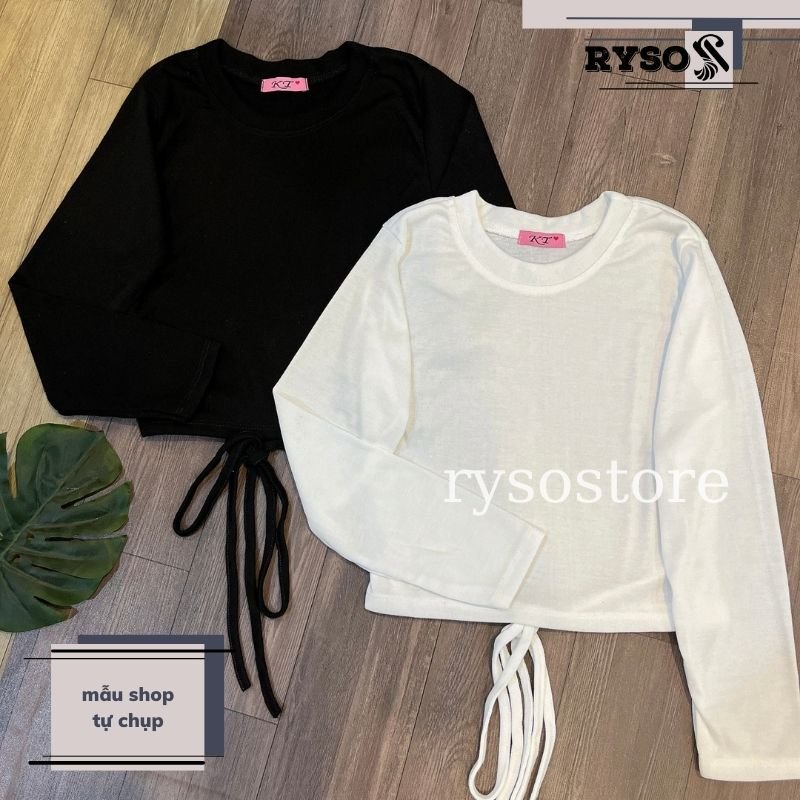 Áo Croptop Ôm Body Đan Dây Eo Tay Dài Chất Gân