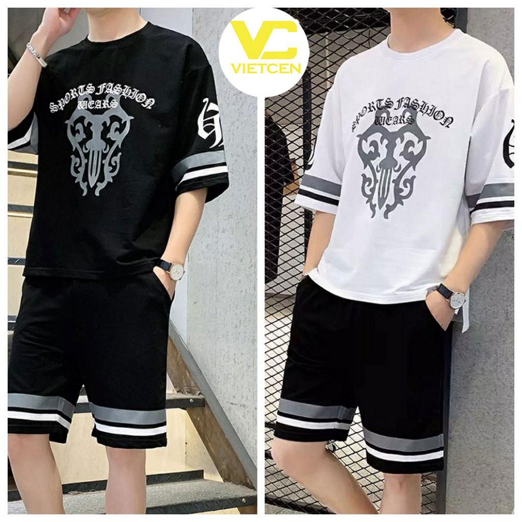 Bộ quần áo nam thể thao cộc tay mặc mùa hè in Hoa Văn, chất thun cotton 2 màu đen/trắng - VIETCEN