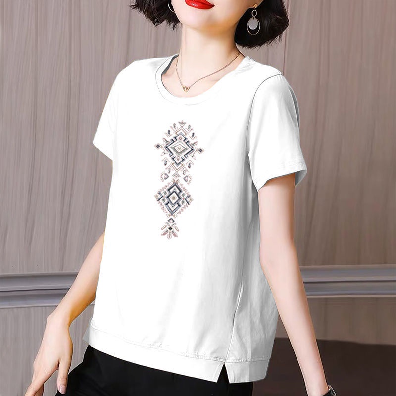 Áo thun cotton ngắn tay dáng rộng thời trang mùa hè cho phụ nữ trung niên