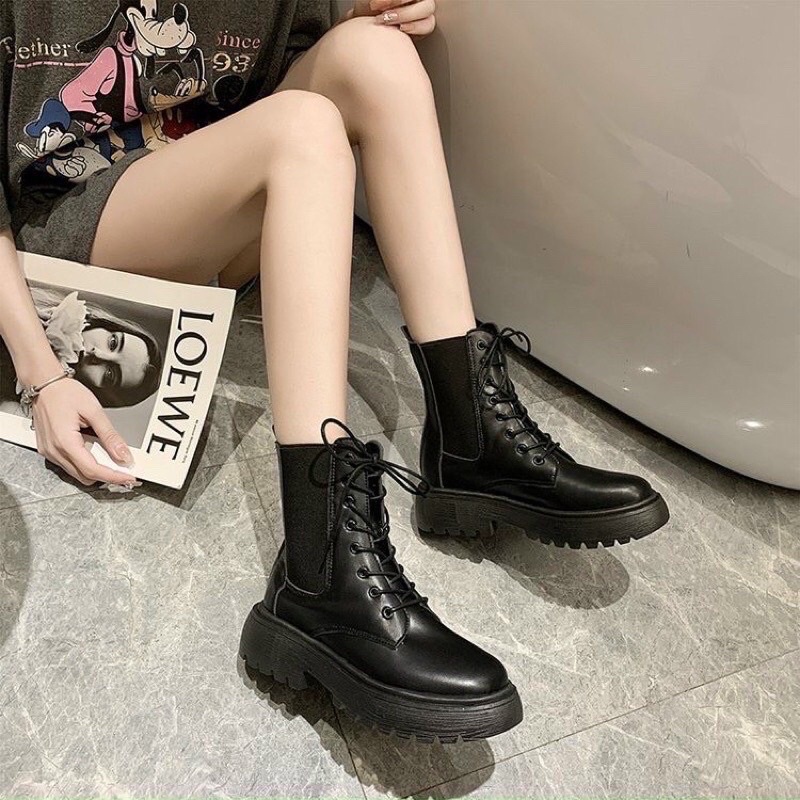 Giày boots nữ cao cổ loại sịn cổ chun kèm dây buộc chiel 2 màu siêu hot | BigBuy360 - bigbuy360.vn