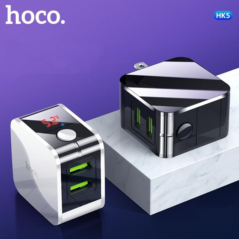 Cốc sạc nhanh tự ngắt 2 cổng có đèn báo dòng điện chính hãng Hoco Hk5