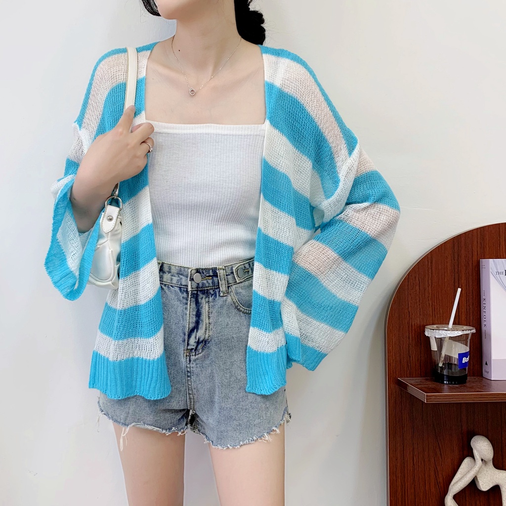 SUXI Áo Sơ Mi Dệt Kim Dáng Rộng Họa Tiết Kẻ Sọc Thời Trang Mùa Hè Phong Cách Vintage Cho Nữ