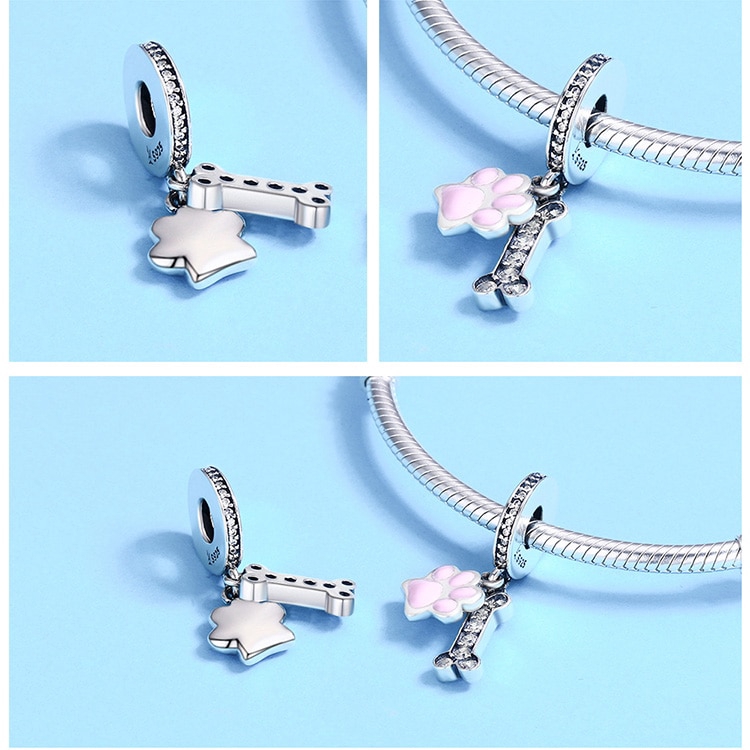 Phụ kiện trang sức Bamoer SCC542 hình bàn chân cún cưng và khúc xương bằng bạc S925 dùng làm vòng tay thủ công cho nữ