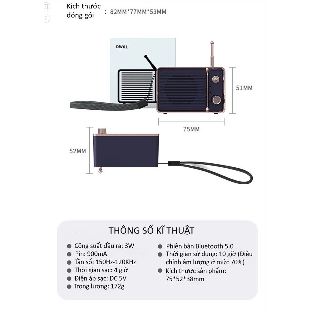 Loa Bluetooth Mini DW01 Phong Cách Retro Dễ Thương Tiện Dụng Mang Theo Du Lịch