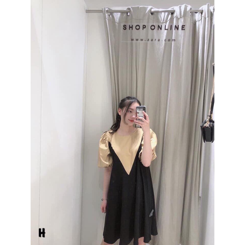 Váy umi tay bồng cổ yếm nâu tây
