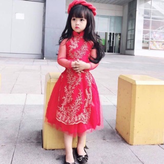 Áo dài đỏ hoa đỏ & đỏ hoa vàng có video