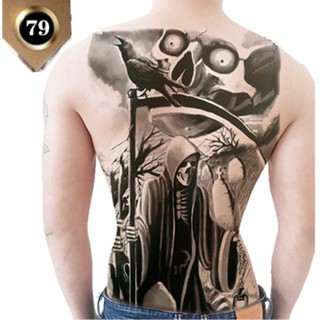 Hình xăm dán kín lưng thần chết cầm lưỡi hái trắng đen 34x48cm