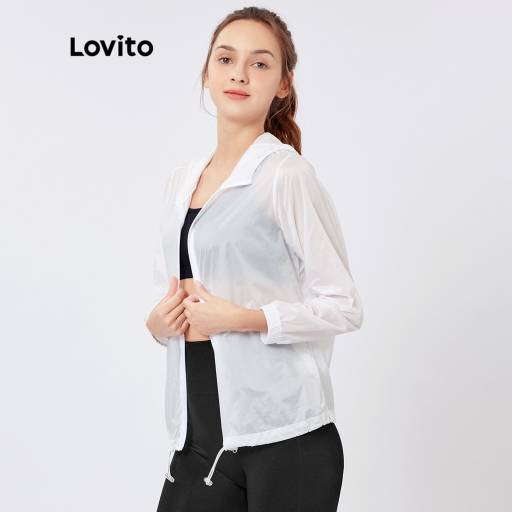 Áo khoác Lovito thể thao thiết kế có nón dây kéo thắt dây trơn màu L26AD069 ( màu xanh dương nhạt/ trắng)