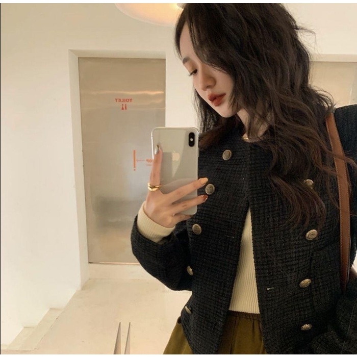 Áo khoác dạ vải tweed phong cách cổ điển RÊU cúc đồng thanh lịch