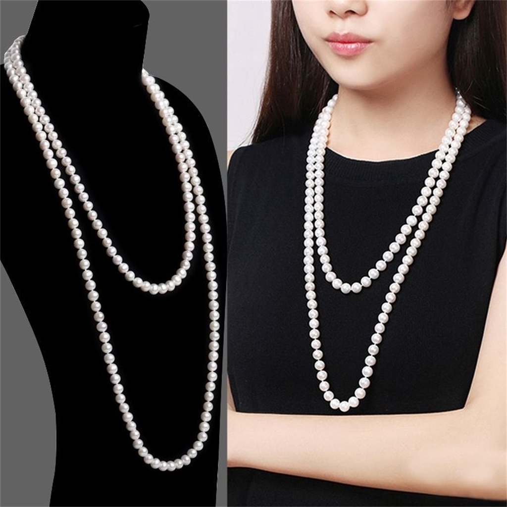 Yoomall Vòng cổ Ngọc Trai Nhân Tạo Dài Quyến Rũ Có Mặt Kính Và Chùm Lông Vũ Cho Kỷ Niệm