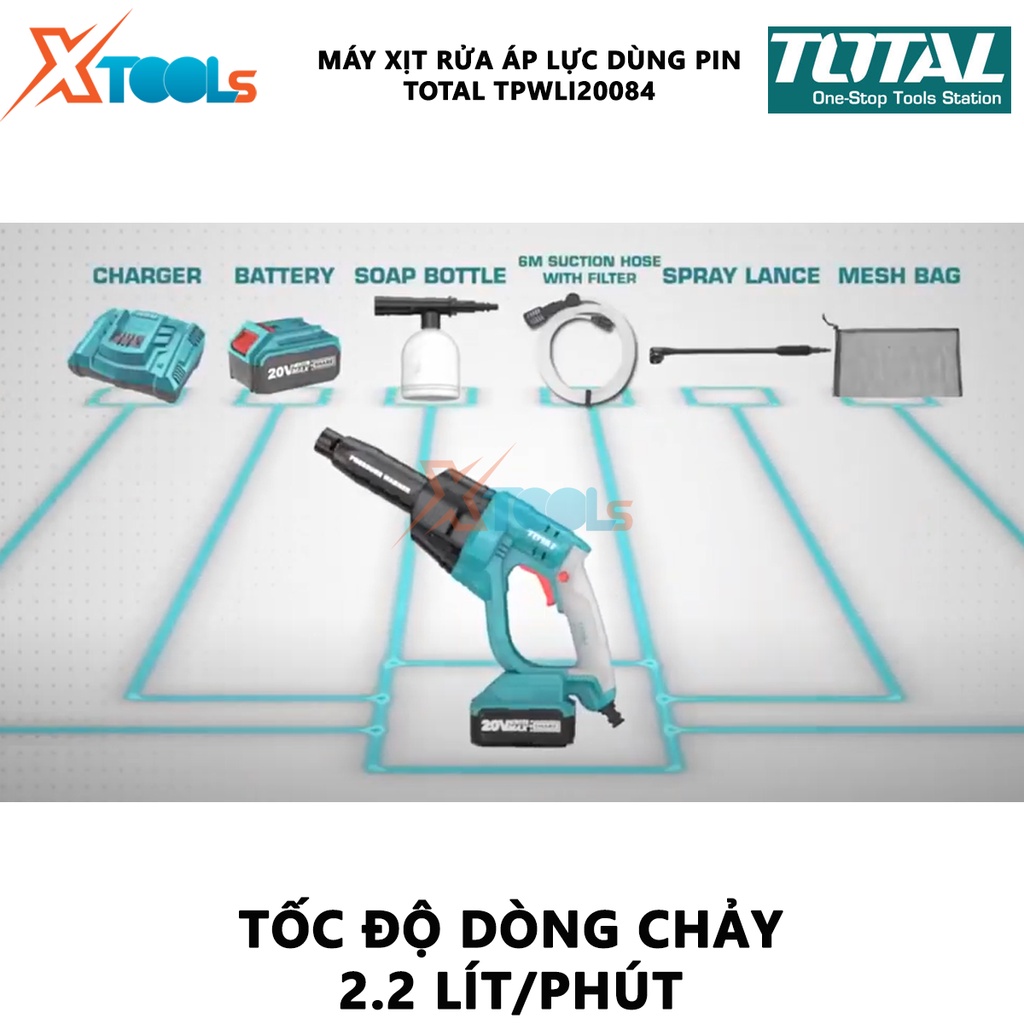 Máy xịt rửa xe cầm tay TOTAL TPWLI20084 Máy xịt rửa áp lực dùng pin Điện thế 20V Áp suất t 24.8 Bar Lưu lượng nước 2.2L/