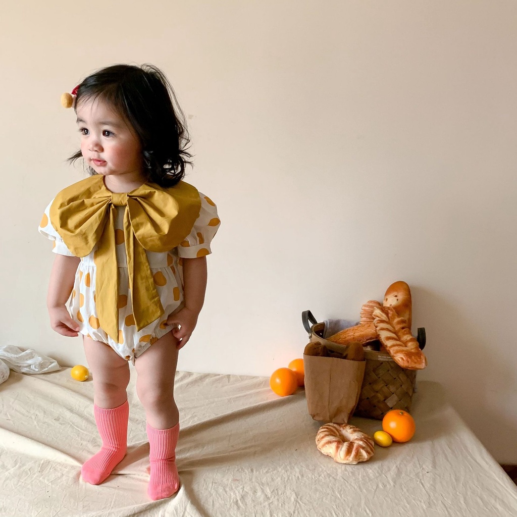 Baby Girl Jumpsuit 2022 Summer Korean Style Baby Girl Polka Dot Chest Big Bowknot Bag Fart Romper WjVg