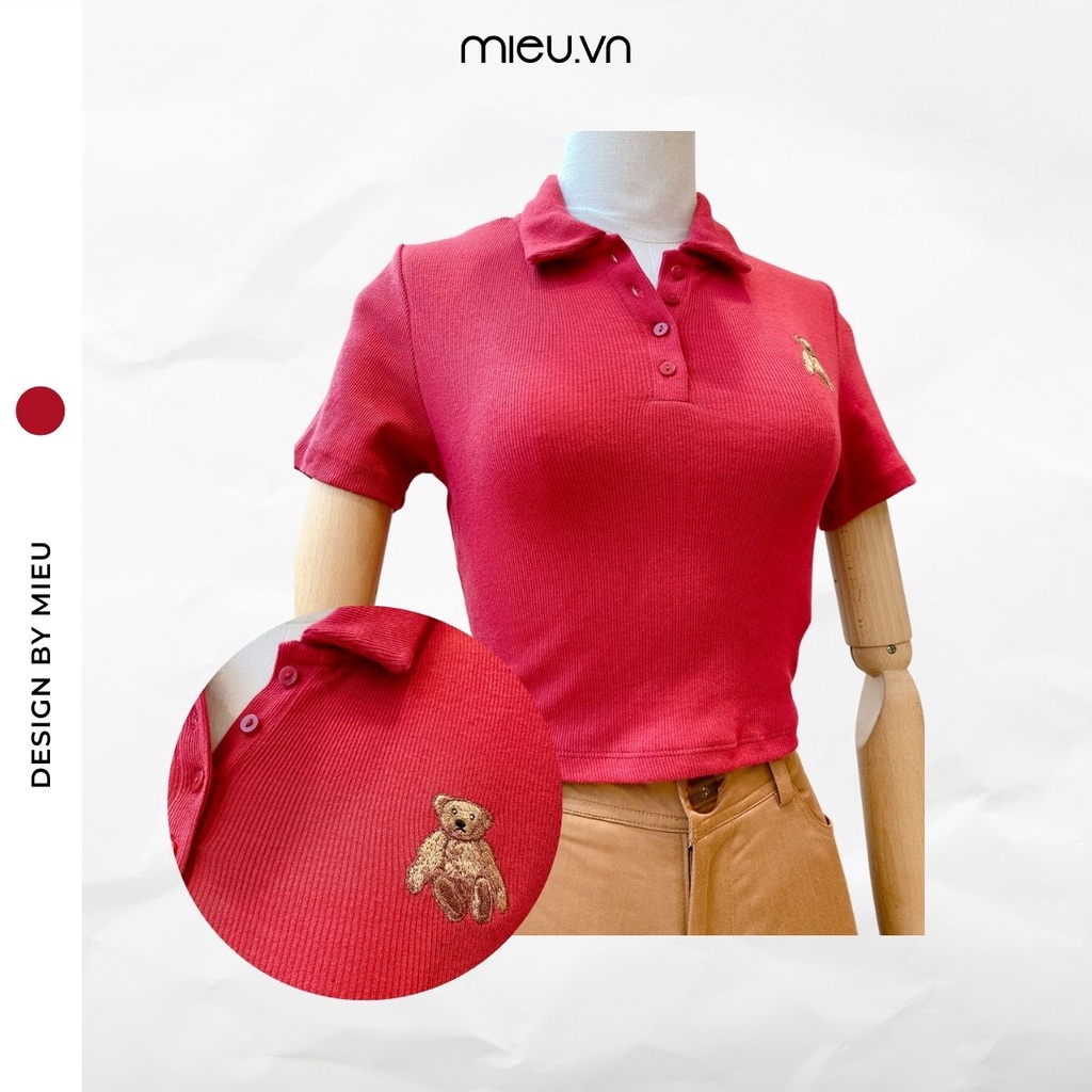 Áo thun crop cổ polo thêu gấu - HD29