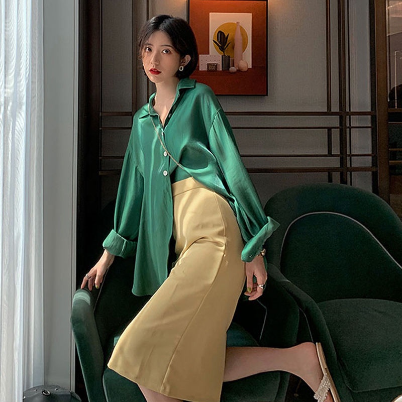 Nàng Tiên Cá Ji Áo Sơ Mi Phân Cực Tay Dài Phong Cách Hong Kong Cổ Điển Size M-2 Cho Nữ