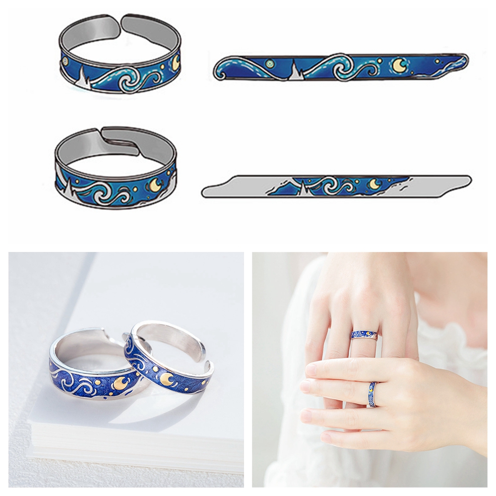 Nhẫn cặp/cưới màu bạc/xanh dương dễ điều chỉnh thời trang