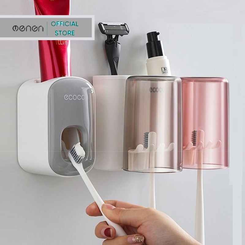 Bộ kệ dán tường để Đồ Phòng Tắm OENEN Thông Minh Chất Liệu ABS ECOCO Cao Cấp kèm Bộ Nhả Kem Đánh Răng Oenon