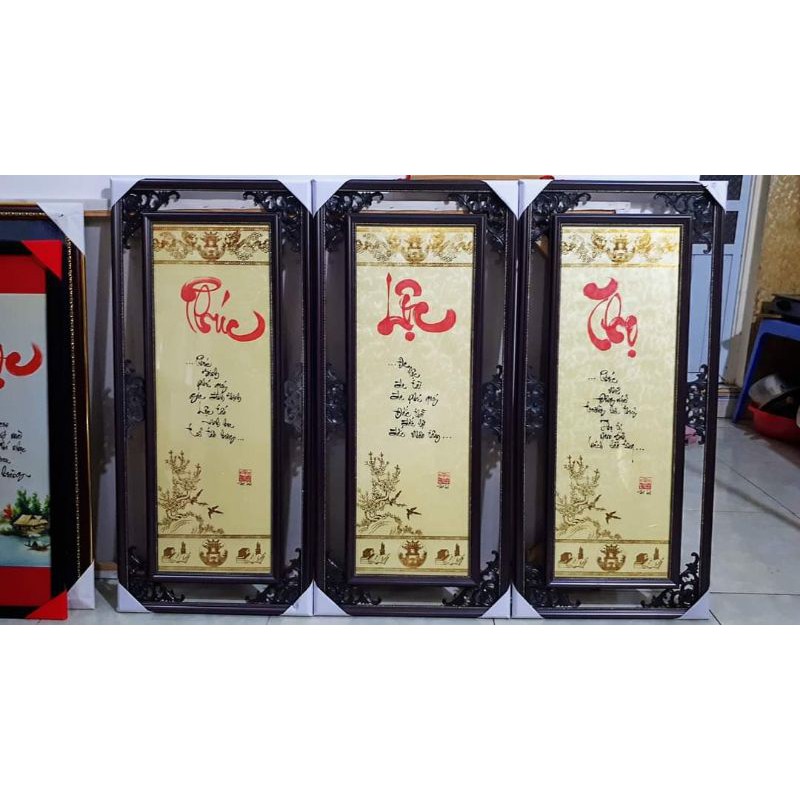 Bộ 3 tranh thư pháp Phúc Lộc Thọ. Tranh khung kép đẹp.