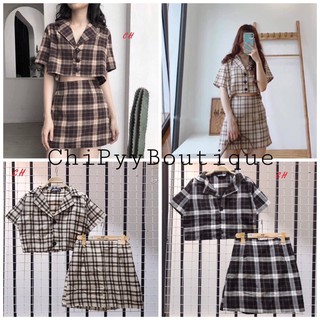 ( Video + Ảnh thật ) Set áo crop sơ mi kẻ sọc caro form rộng kèm chân váy ngắn 4 màu xám - hồng - be - nâu freesize 59kg