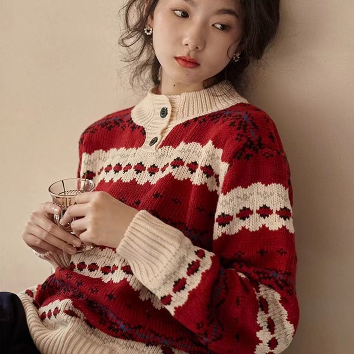 Áo len giáng sinh ZHELIHANGFEI dệt kim màu đỏ cổ tròn tay dài dáng rộng phong cách Nhật Bản