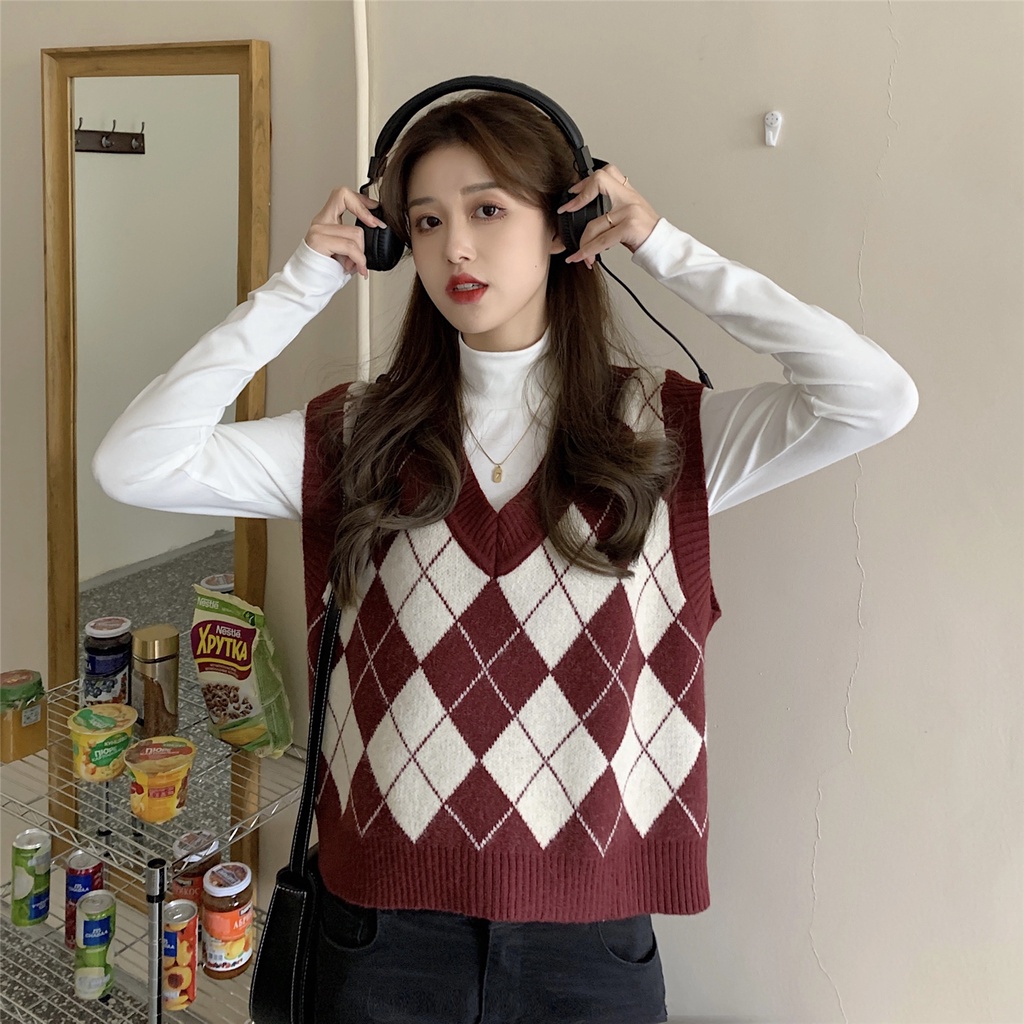 Áo len ZHELIHANGFEI sát nách dáng rộng đính đá kiểu retro dễ thương cho nữ