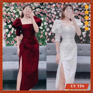 Đầm dự tiệc,váy cổ vuông tay phồng gấm xẻ đùi siêu hot Eva_home_fashion