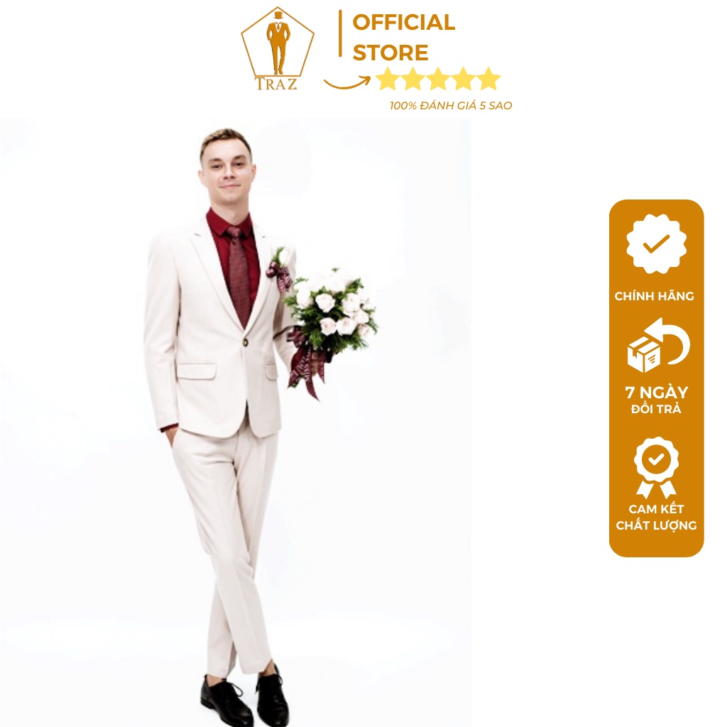Bộ Đồ Veston Nam Màu Trắng Kem Phom Ôm Cao Cấp - Trần(1 Quần Và 1 Aó Vest)