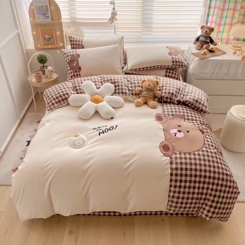 BỘ CHĂN GA GỐI NỈ SỮA GẤU TEDDY PHỐI KẺ DỄ THƯƠNG (đủ size)