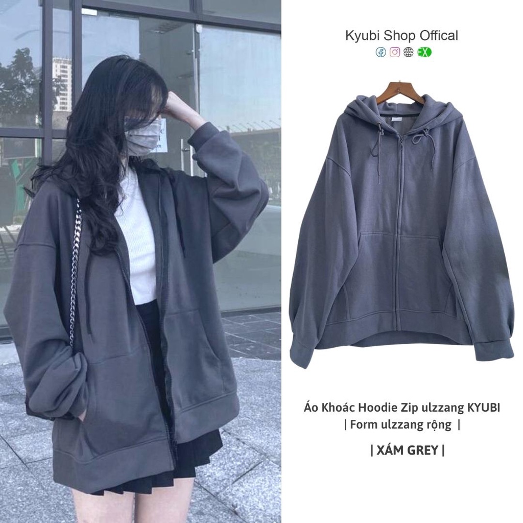 Áo khoác nỉ dây kéo form rộng hàn quốc Hoodie Zip (video ảnh thật/sẵn ) - Kyubi AK09 Xám