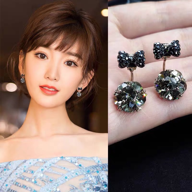 Khuyên Tai Bạc 925 Đính Nơ Và Quả Cầu Kim Cương Thời Trang Hàn Quốc Cho Nữ