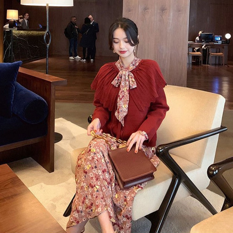 Đầm Voan Hoa Tay Dài Cổ Chữ V Phong Cách Retro Pháp Thanh Lịch Cho Nữ 2022