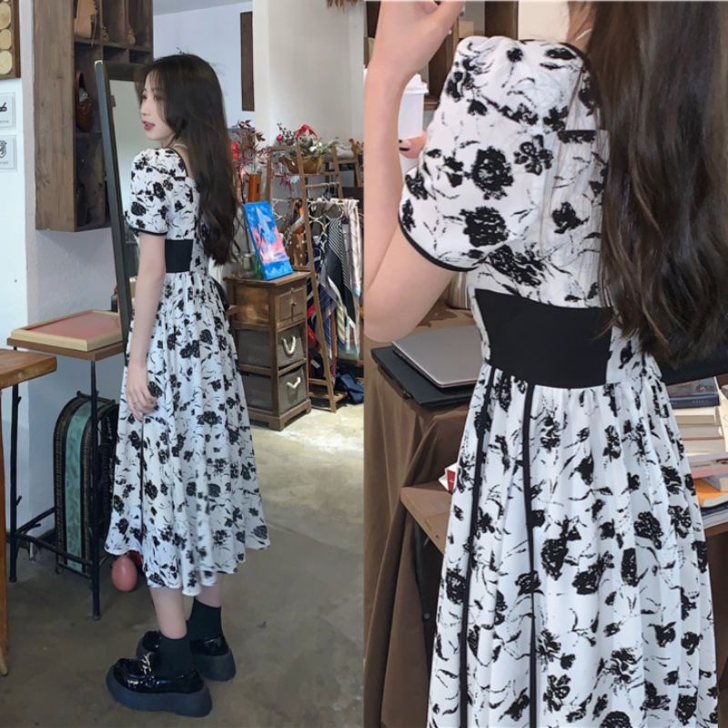 Váy hoa nhí xoè dáng dài và ngắn đen trắng eo buộc dây