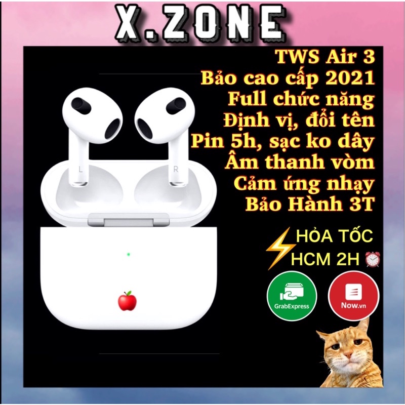 Tai Nghe Bluetooth TWS Air 3 cao cấp 2021 Định Vị, Đổi Tên, cảm biến, sạc không dây