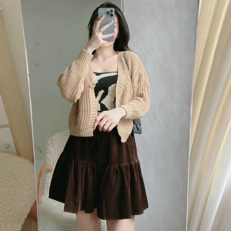 Áo Khoác Cadigan Croptop Len Đan thừng nút quảng Châu
