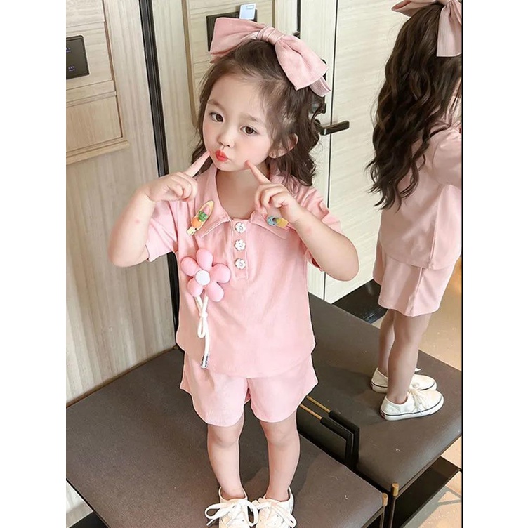 Bộ Trang Phục Hai Mảnh Áo Thun POLO Tay Ngắn Thời Trang Mùa Hè 2022 Dành Cho Bé Gái