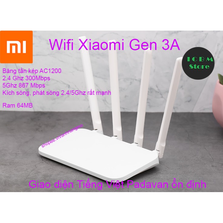 Bộ phát wifi, kích sóng Xiaomi Mi 3A chuẩn AC1200 băng tần kép, tiếng Việt padavan, rom gốc - ICBM shop