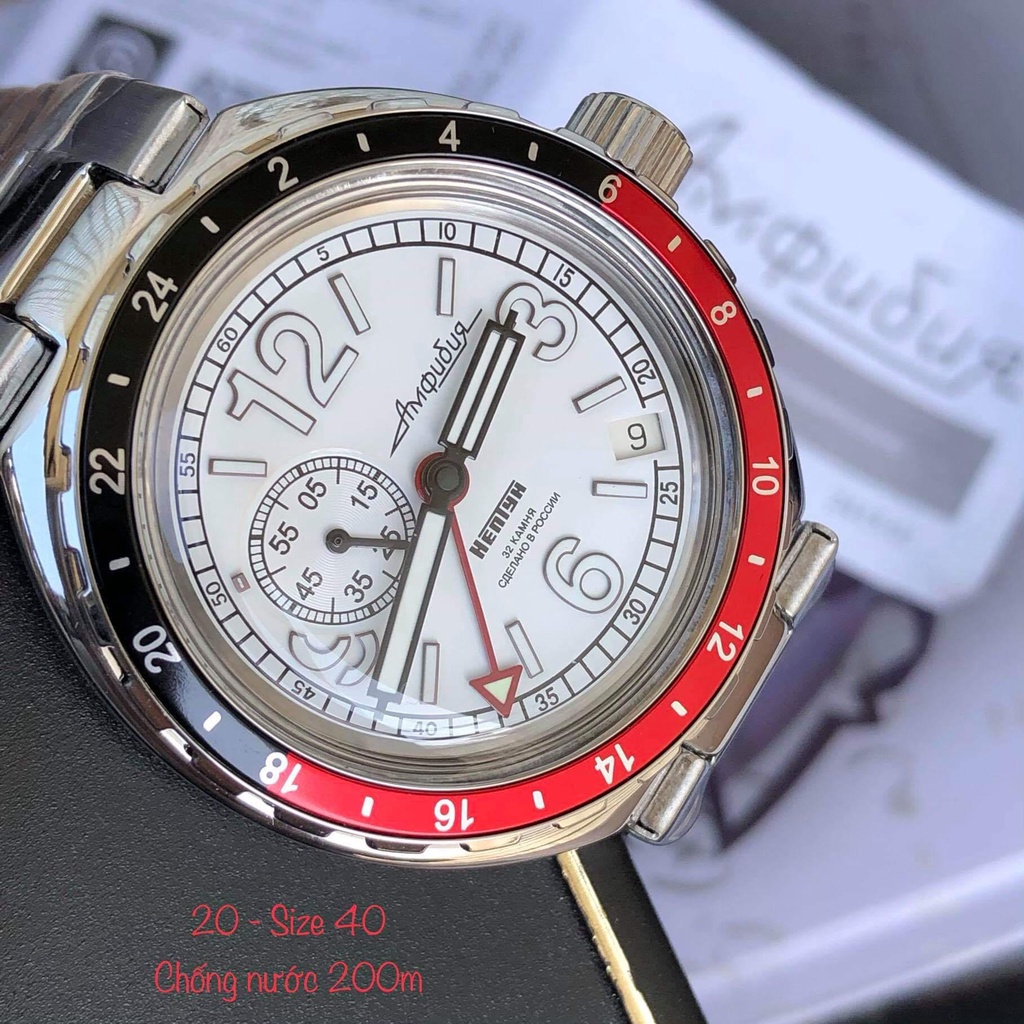 Đồng hồ Nga Amphibia Neptune 960761. Đồng hồ nam Vostok máy cơ Automatic, size mặt 40, chống nước 20 ATM