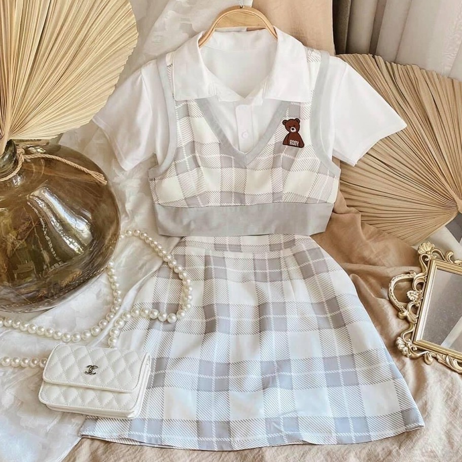 Set áo 3 món xinh xắn 💖FREESHIP💖 áo polo kèm áo gile mix chân váy chữ A AD99 | BigBuy360 - bigbuy360.vn